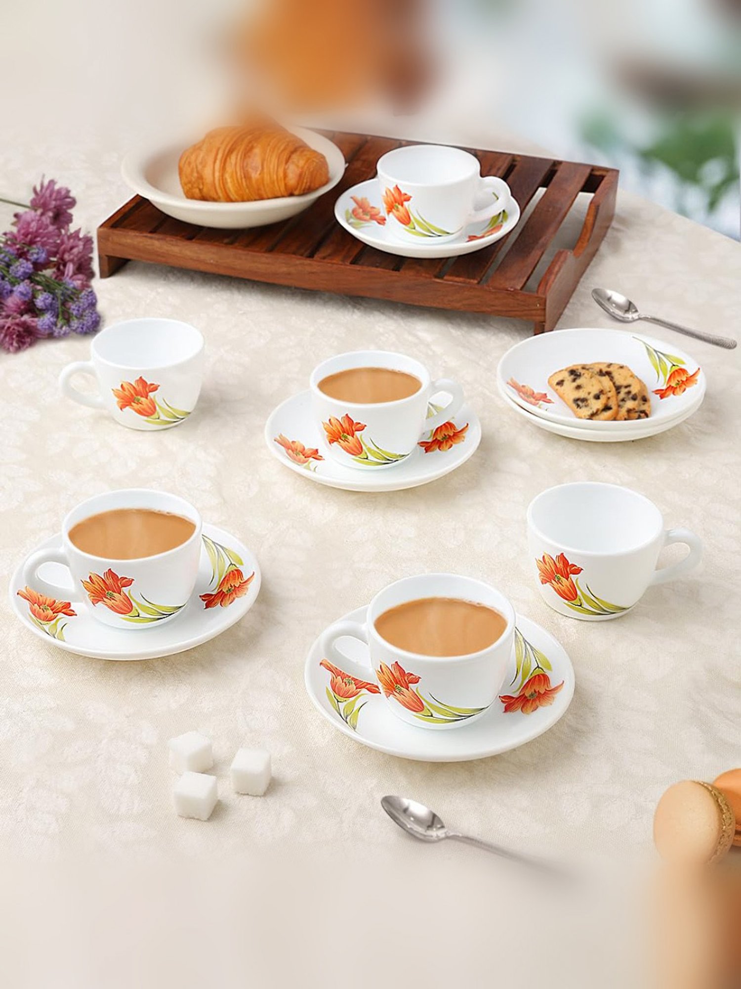 India Circus Floral Blue Bone China Cup Saucer (Set of 8)