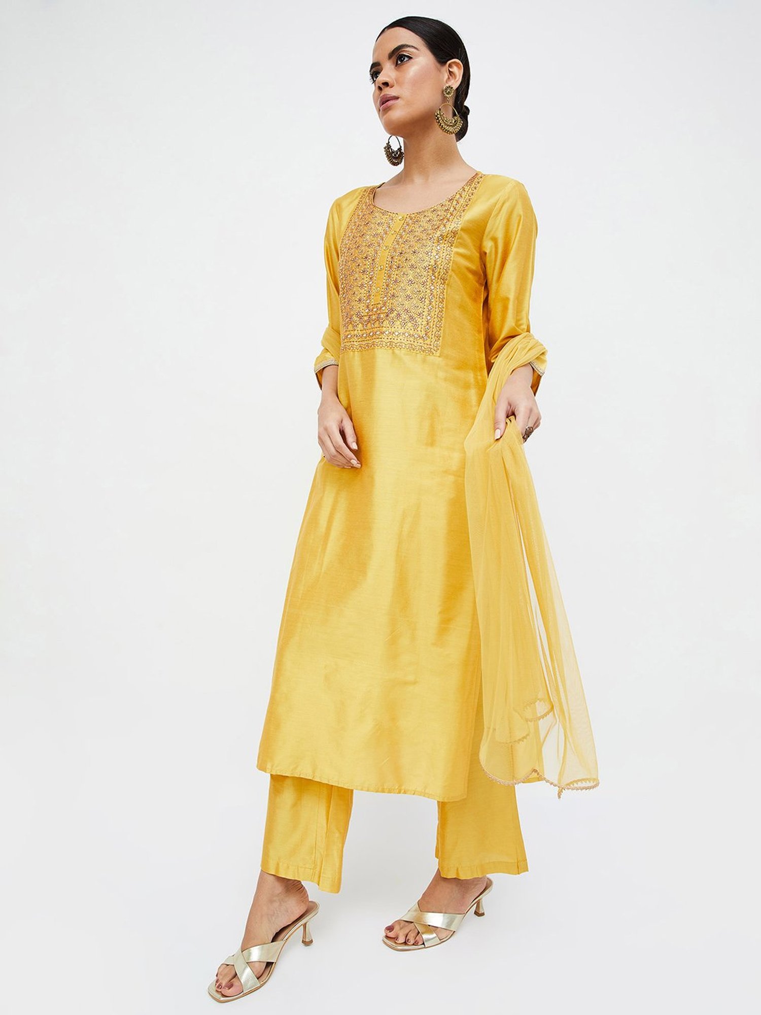 Melange by Lifestyle Yellow Embellished Kurta With Pants & Dupatta
