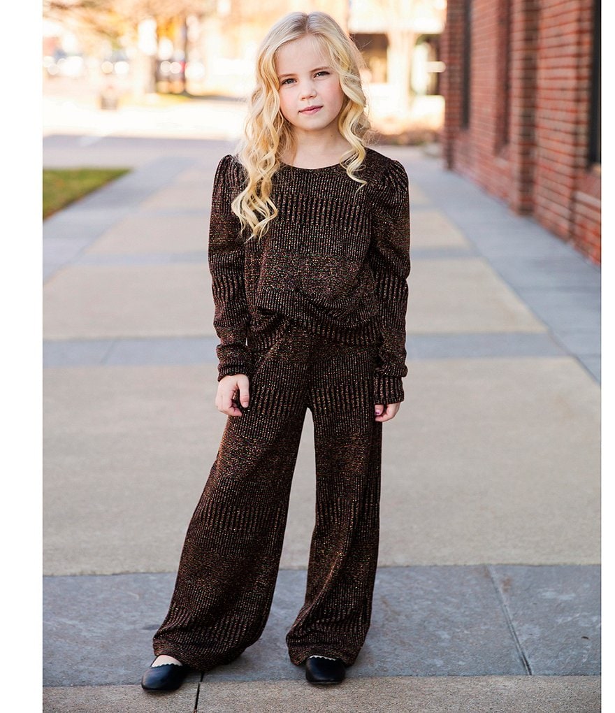 Habitual Big Girls 7-16 Camille Long-Sleeve Striped Metallic-Knit Top & Wide-Leg Pant Set