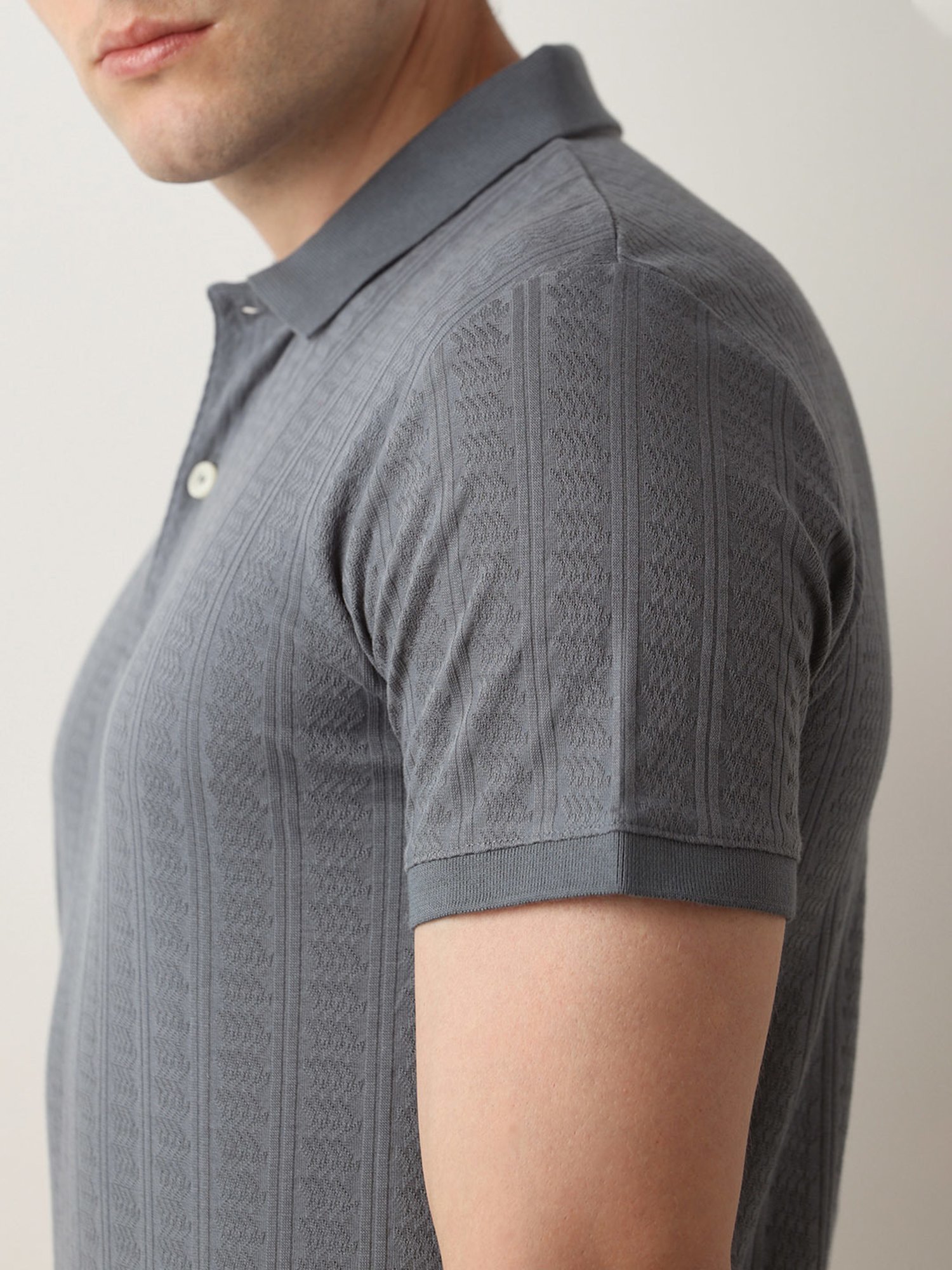 SELECTED HOMME Steel Blue Slim Fit Self Design Cotton Polo T-Shirt