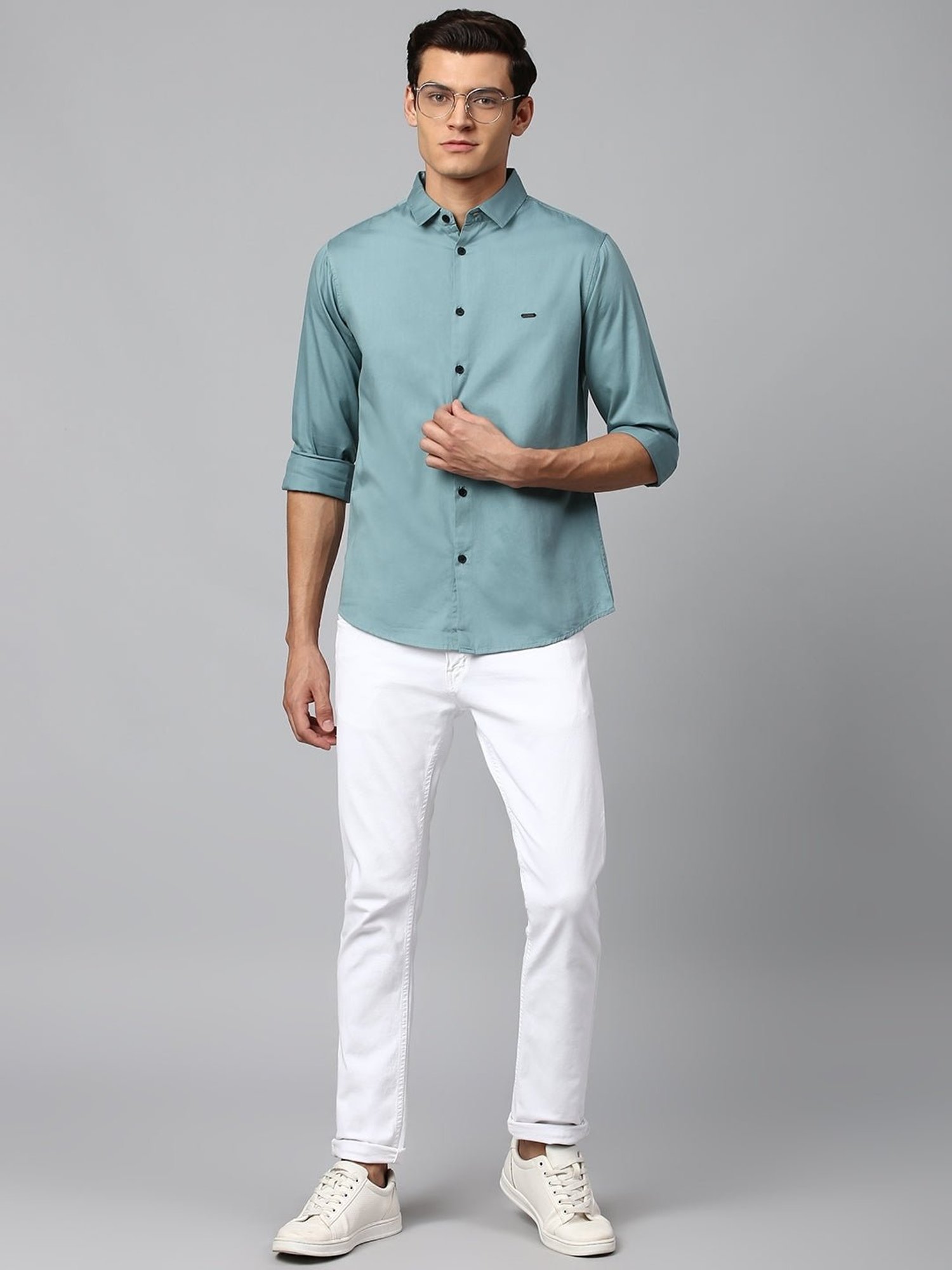 Dennis Lingo Dusty Teal Cotton Slim Fit Shirt