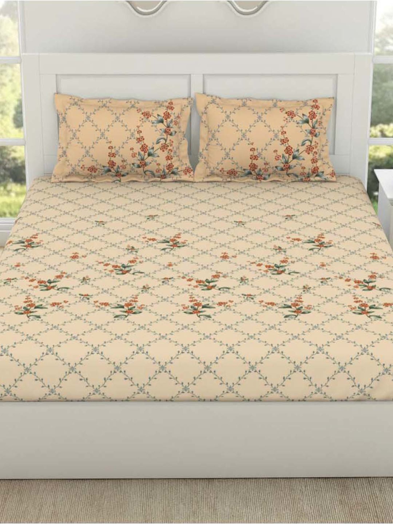 SPACES Lattice Whisper White Cotton 144 TC King Fitted Bedsheet With Pillow Covers