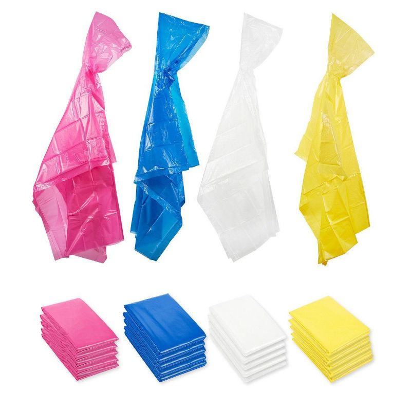 Juvale 20 Pack Adults Rain Ponchos with Hood, Disposable Emergency Raincoat, 4 Assorted Colors
