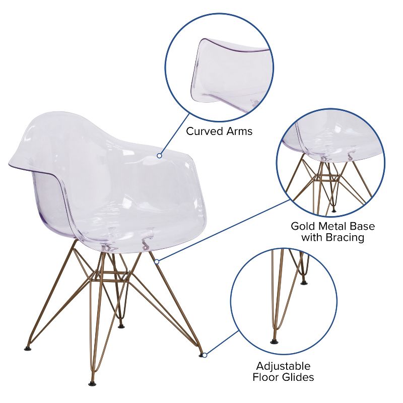 Emma and Oliver Transparent Side Chair with Arms and Gold Base