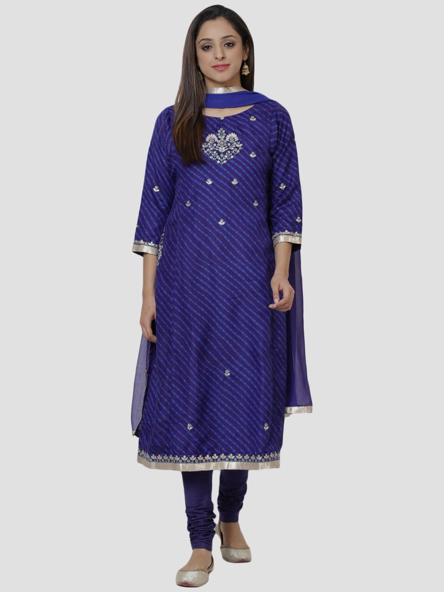 Biba Royal Blue Embroidered Kurta Churidar Set With Dupatta