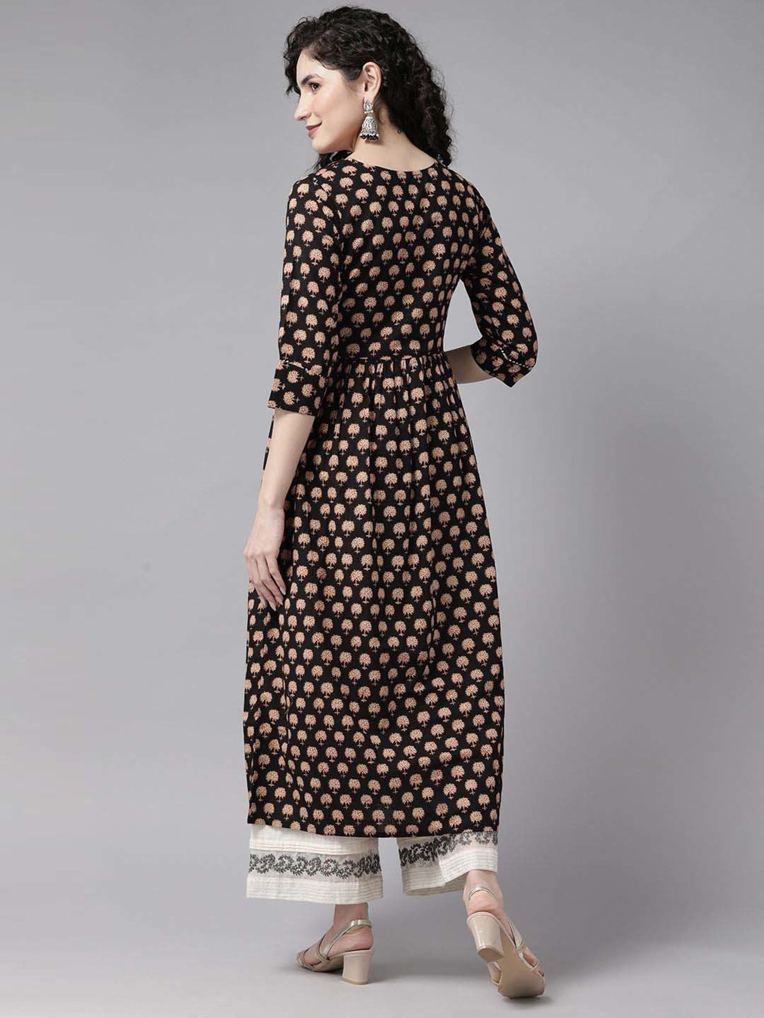 Cayman Black Cotton Floral Print A Line Kurta