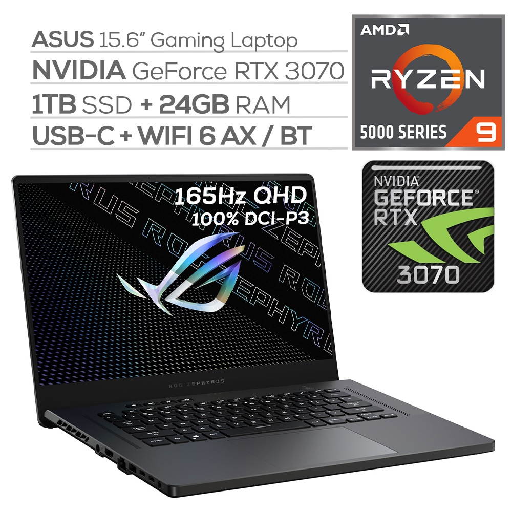 ASUS ROG Zephyrus Gaming Laptop,165Hz 3ms WQHD 15.6" Display,AMD Ryzen 9, GeForce RTX 3070 8GB GDDR6, 16GB RAM, 2TB SSD, USB-C, Backlit KB, WiFi 6, RJ-45 Ethernet, Win 10