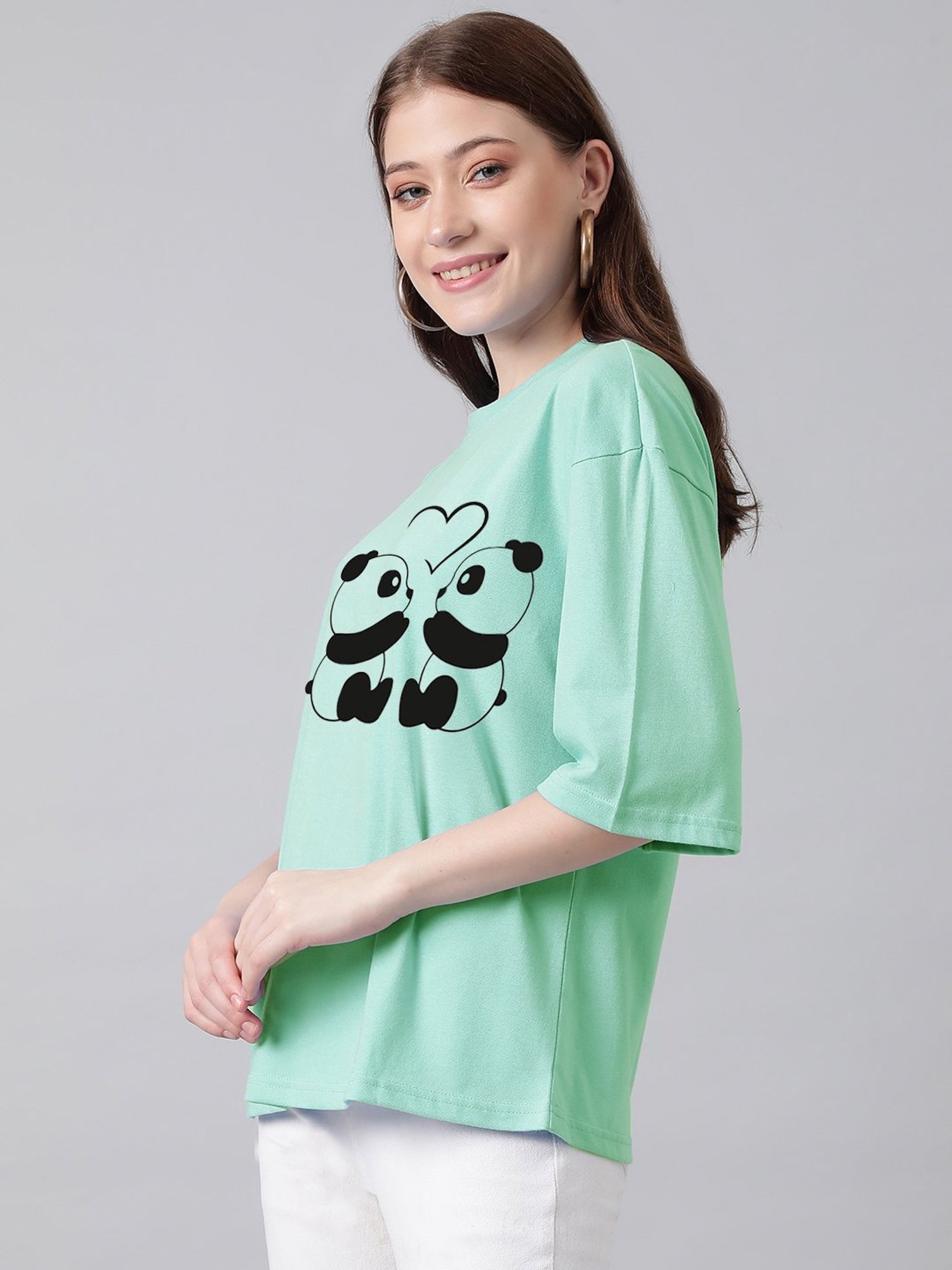 Kotty Light Green Printed Oversized T-Shirt