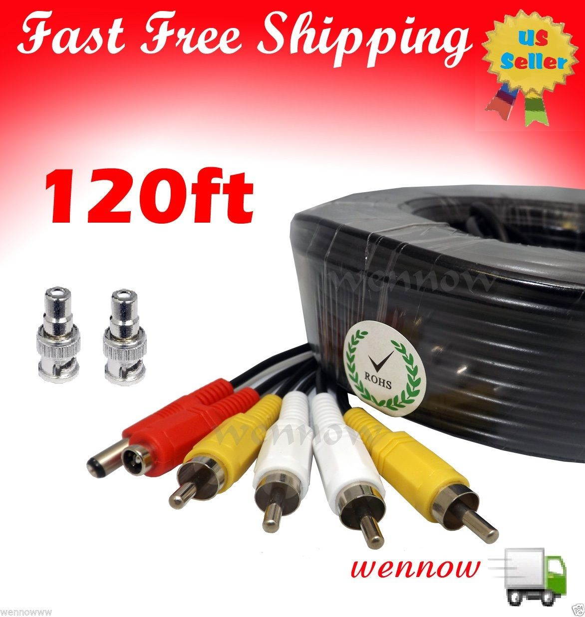 WennoW 120ft Black Audio Video & Power RCA Cable for Q-See Security CCTV Camera
