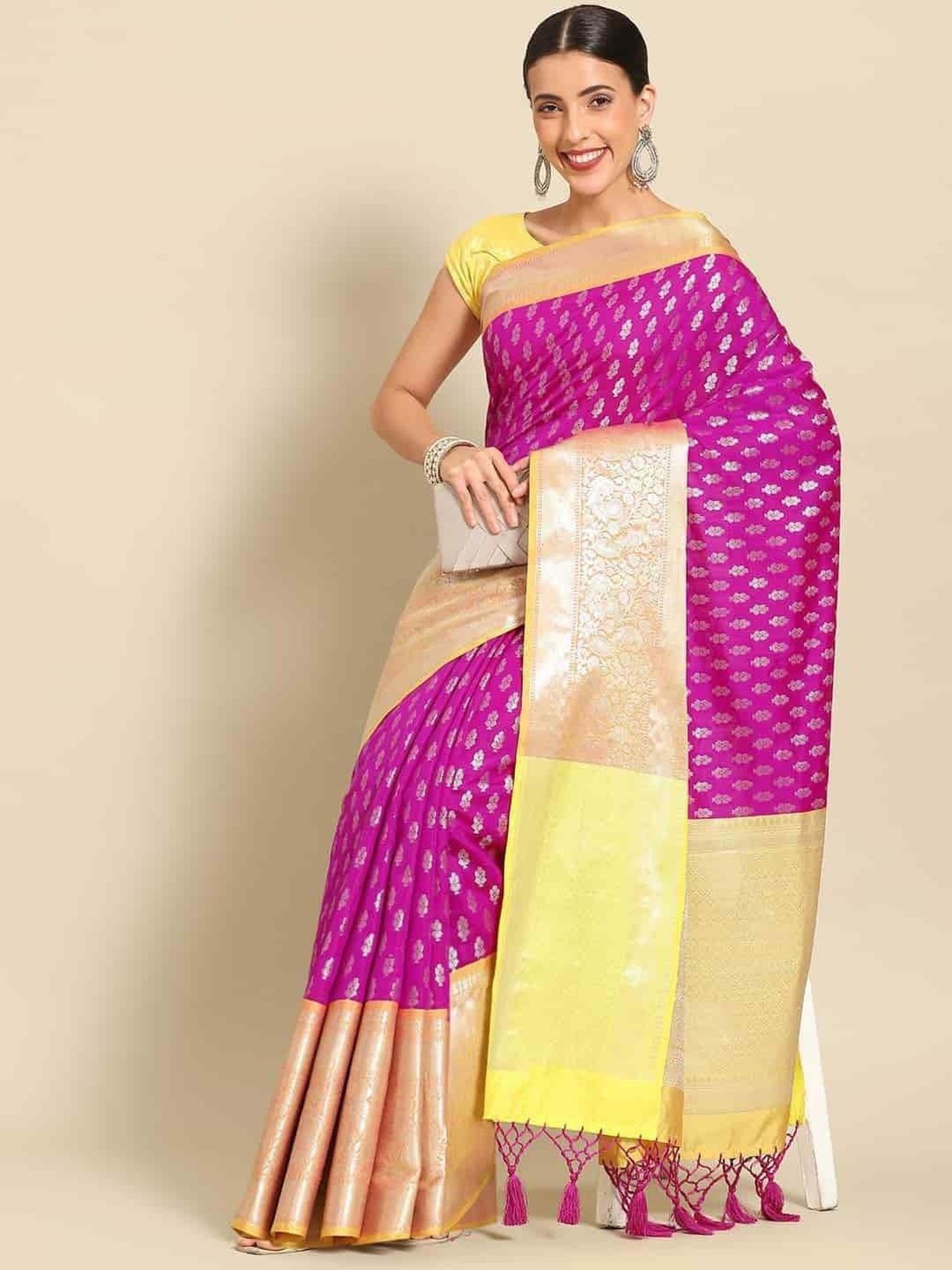 Silk Land Purple & Yellow Woven Saree With Unstitched Blouse