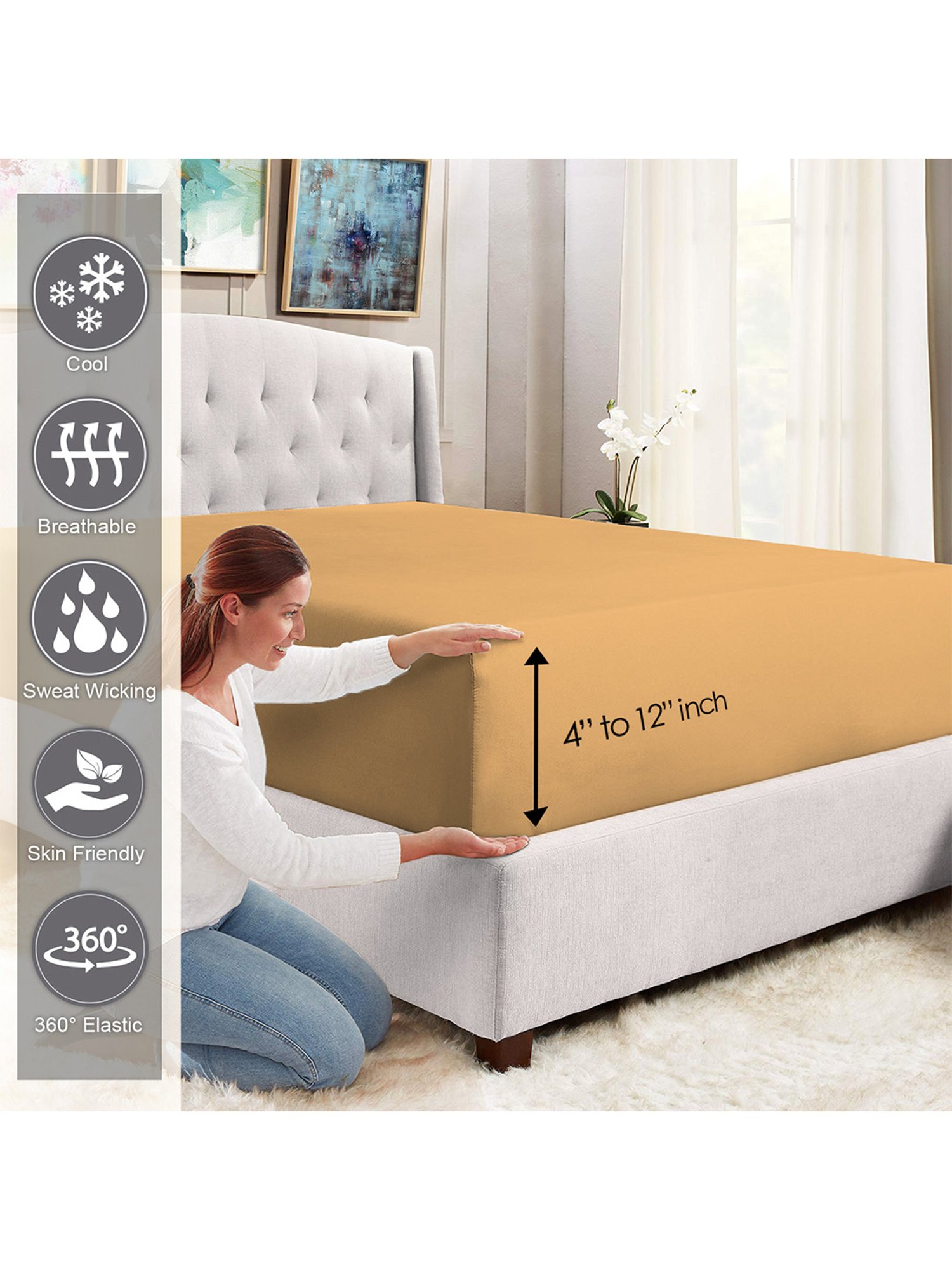 Pizuna Mustard Yellow 400TC Cotton Fitted Bed Sheet with 2 Pillow Covers