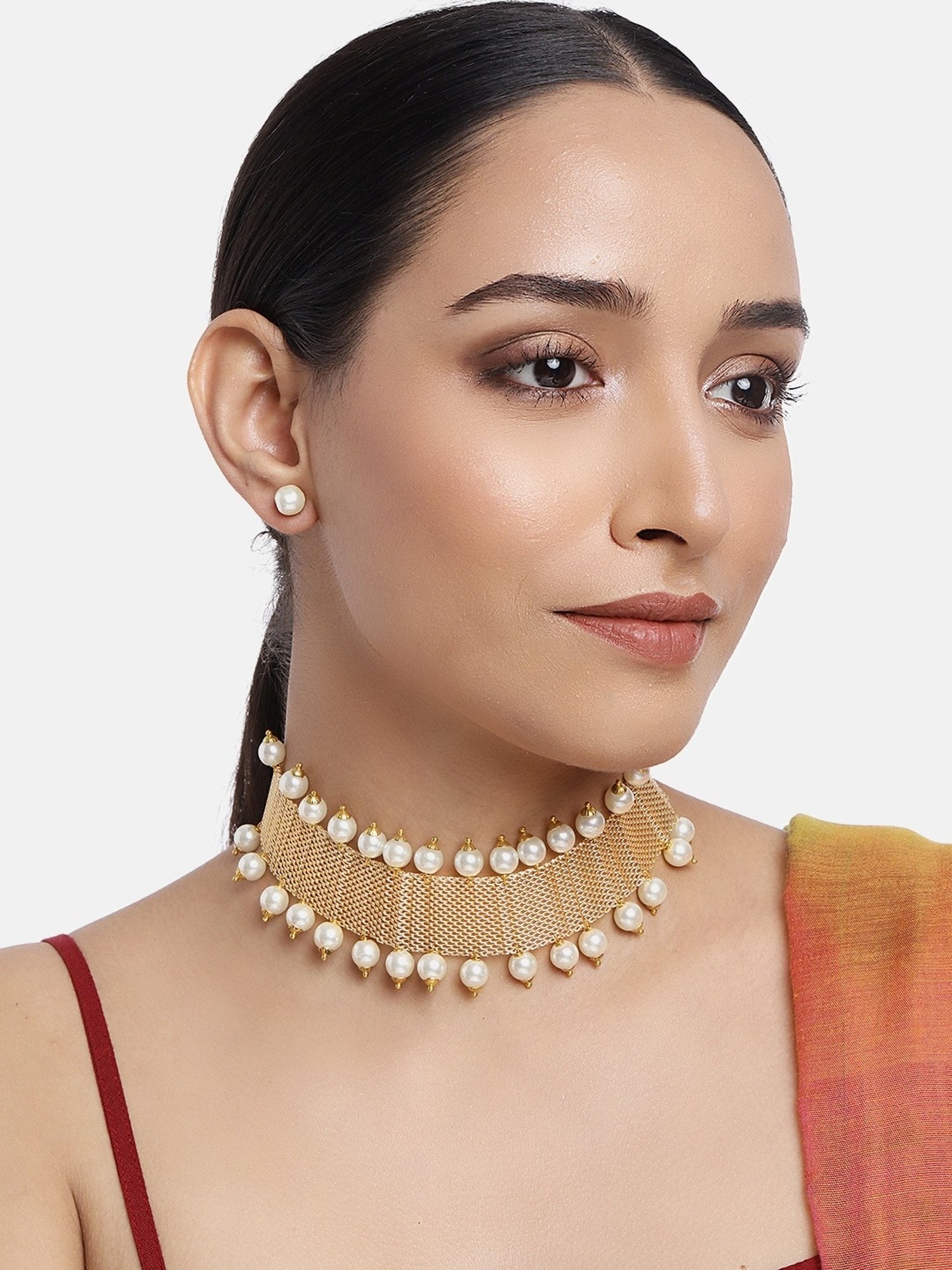 Zaveri Pearls Gold Tone Ethnic Pearls Choker Necklace & Earring Set-ZPFK10416