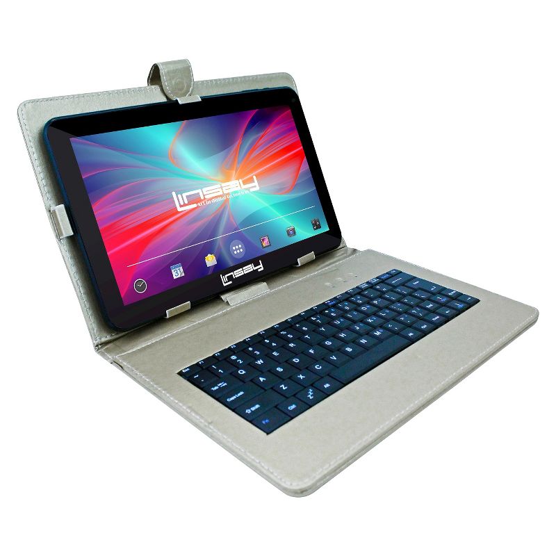 LINSAY 10.1" Quad Core Tablet with Silver Keyboard Case 32GB