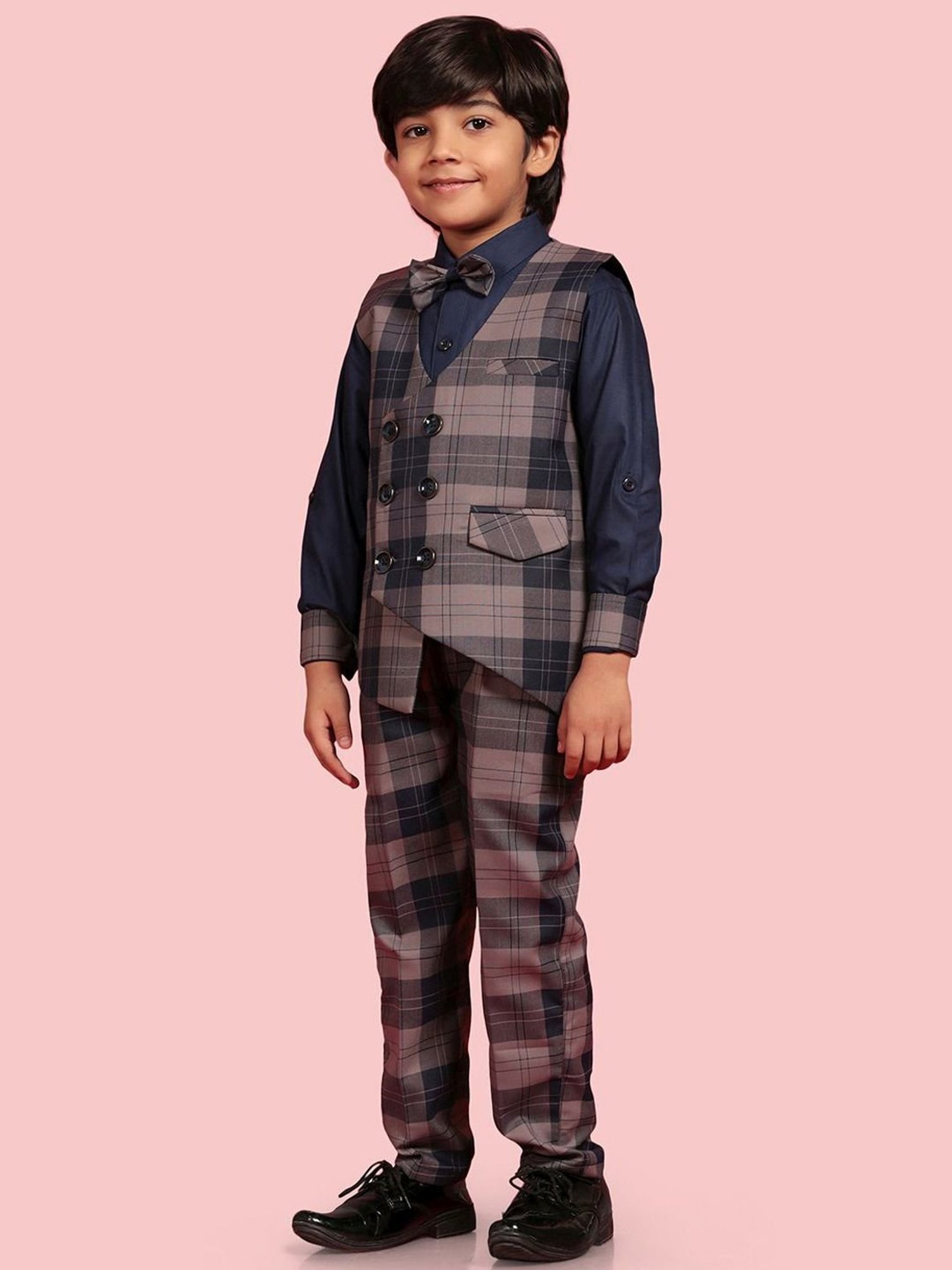 Fourfolds Boys Blue & White Solid Full Sleeves Suit Set