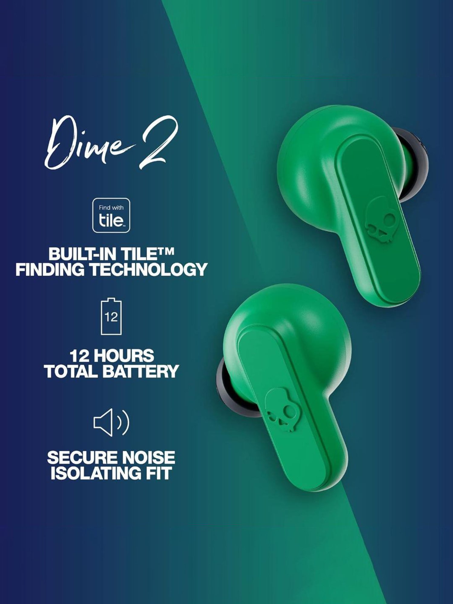 Skullcandy Dime 2 in-Ear Bluetooth Earbuds with IPX4 Water Dust Resistant (Green, True Wireless)