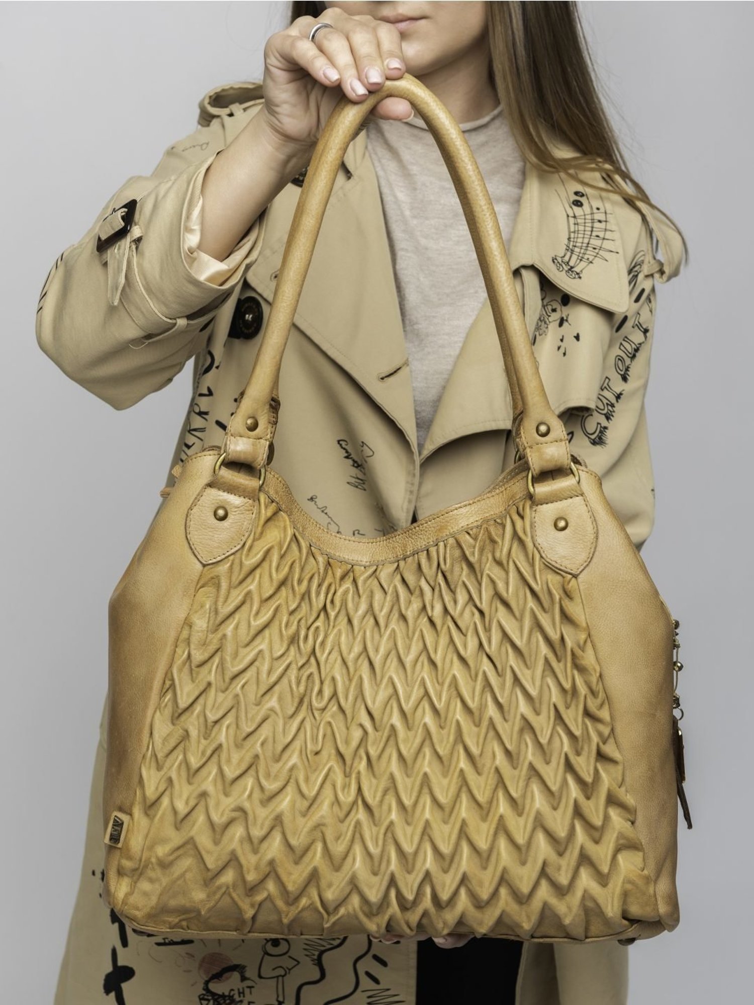 Art N Vintage Carla Mustard Yellow Leather Textured Medium Shoulder Handbag