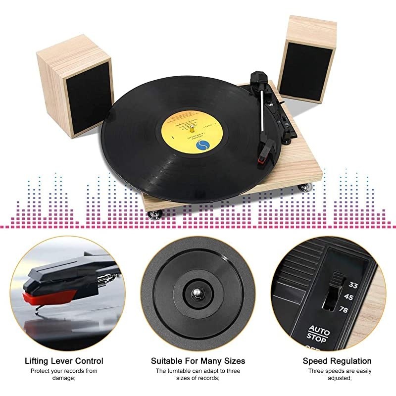 Record Player with Powerful External Speakers 3 Speed BeltDriven Wooden Vintage Turntable for Entertainment and Home Decoration