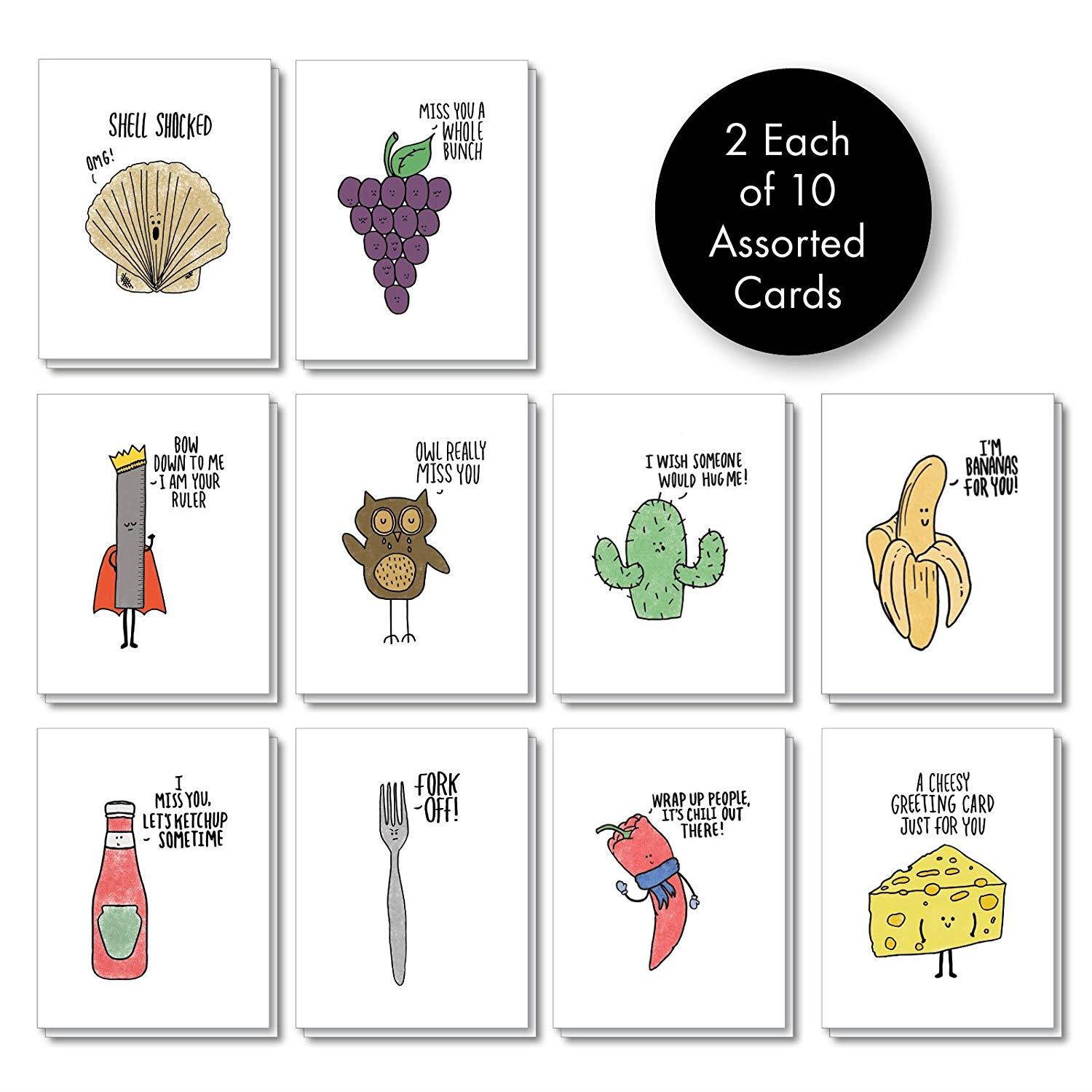 Fun Puns: 20 Assorted Blank All Occasions Notecards Depicting Fun Cartoon Images Combined with Clever Puns, with Envelopes. AM2975OCB-B2x10