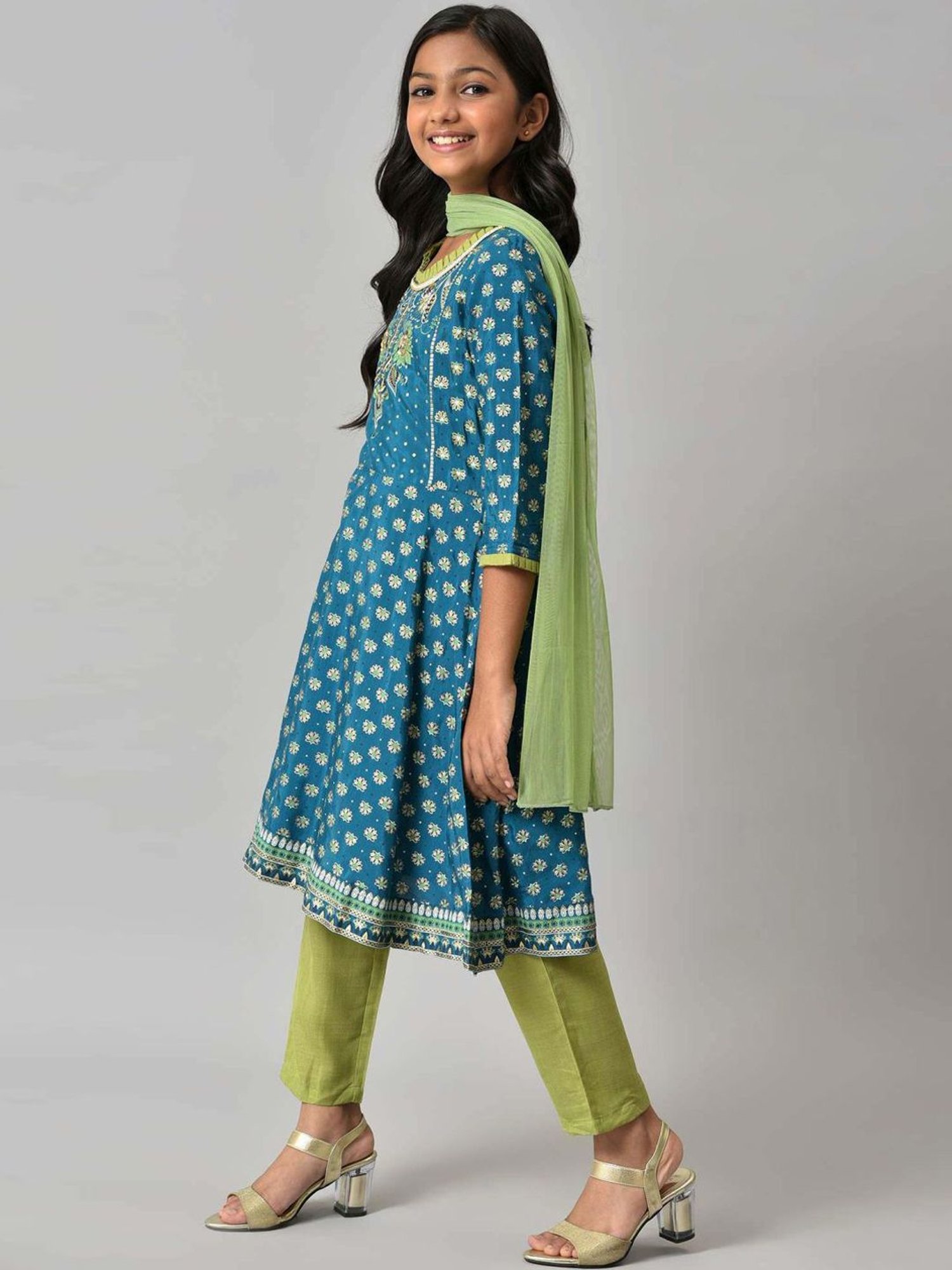 Aurelia Kids Blue & Green Printed Kurta Set