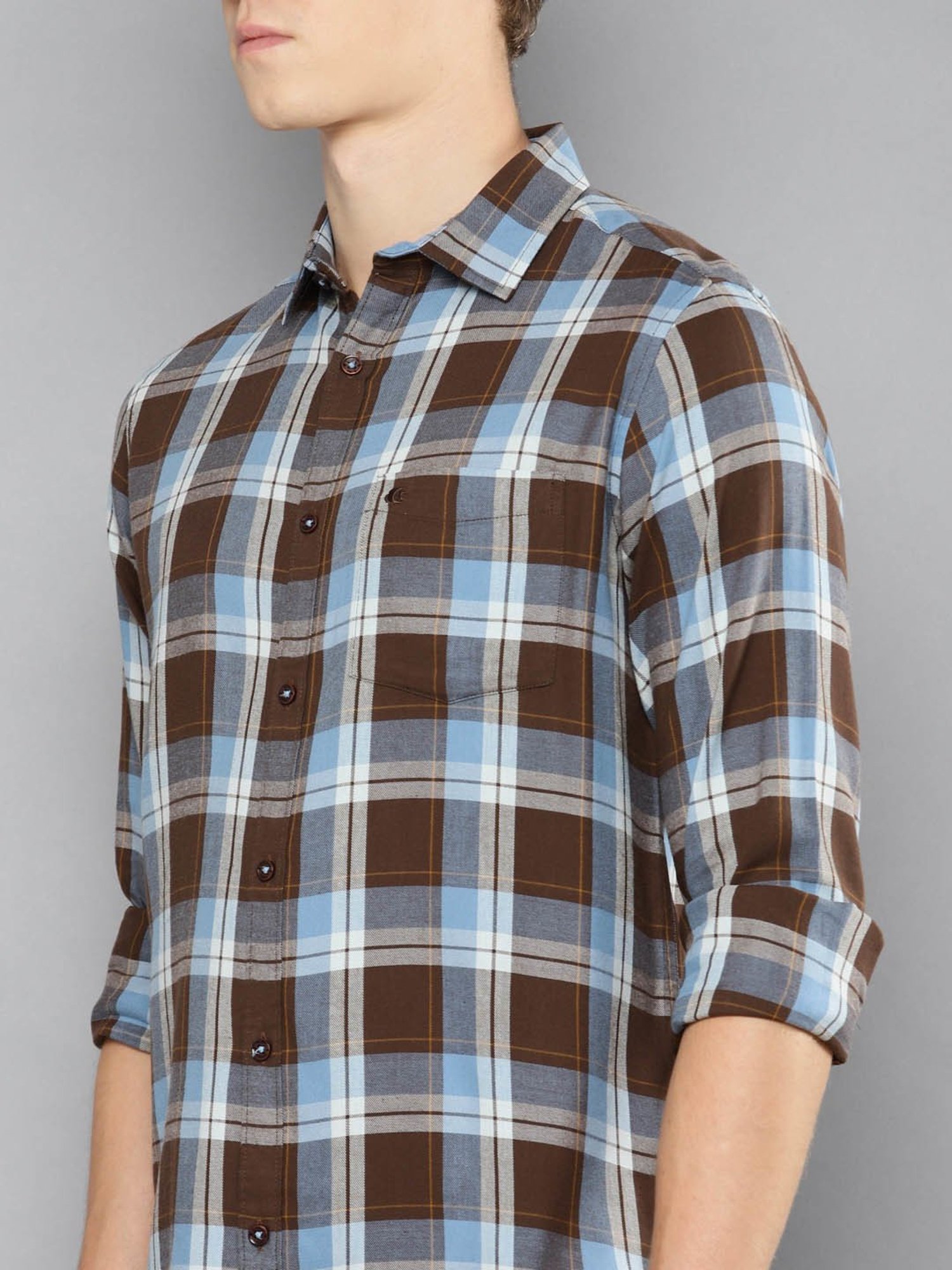 Allen cooper Brown & Blue Regular Fit Check Cotton Shirt