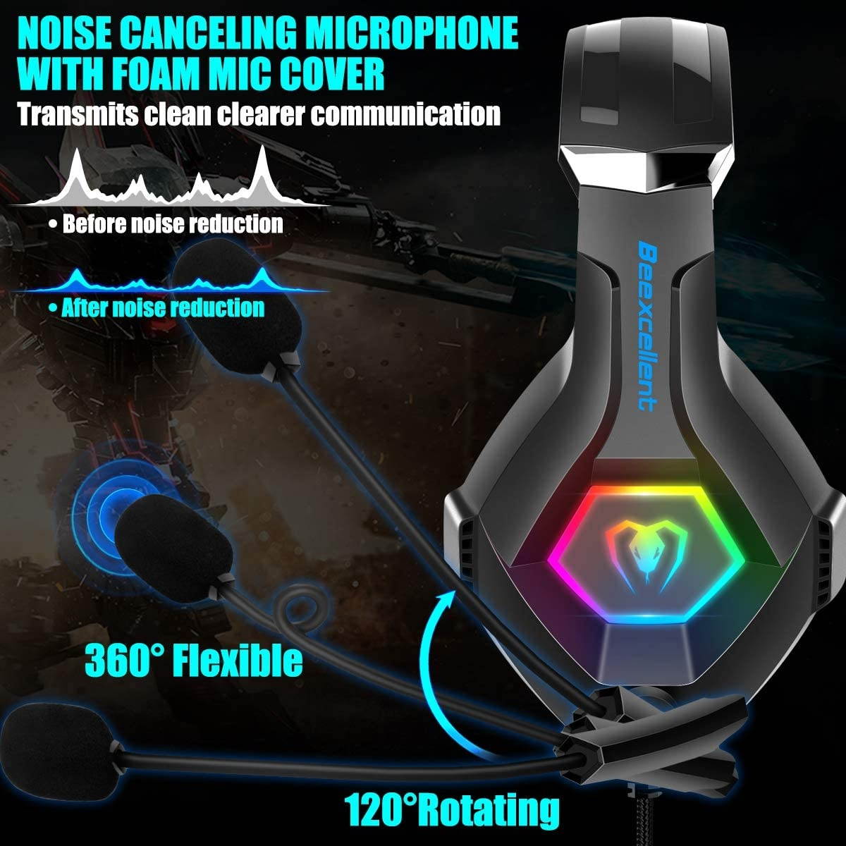 Gaming Headset PS4 Headset Pro 7.1 Surround Sound Noise Canceling Flexible Mic with 2pcs Mic Cover RGB LED Light Memory Earmuffs for Xbox one Nintendo Switch PC