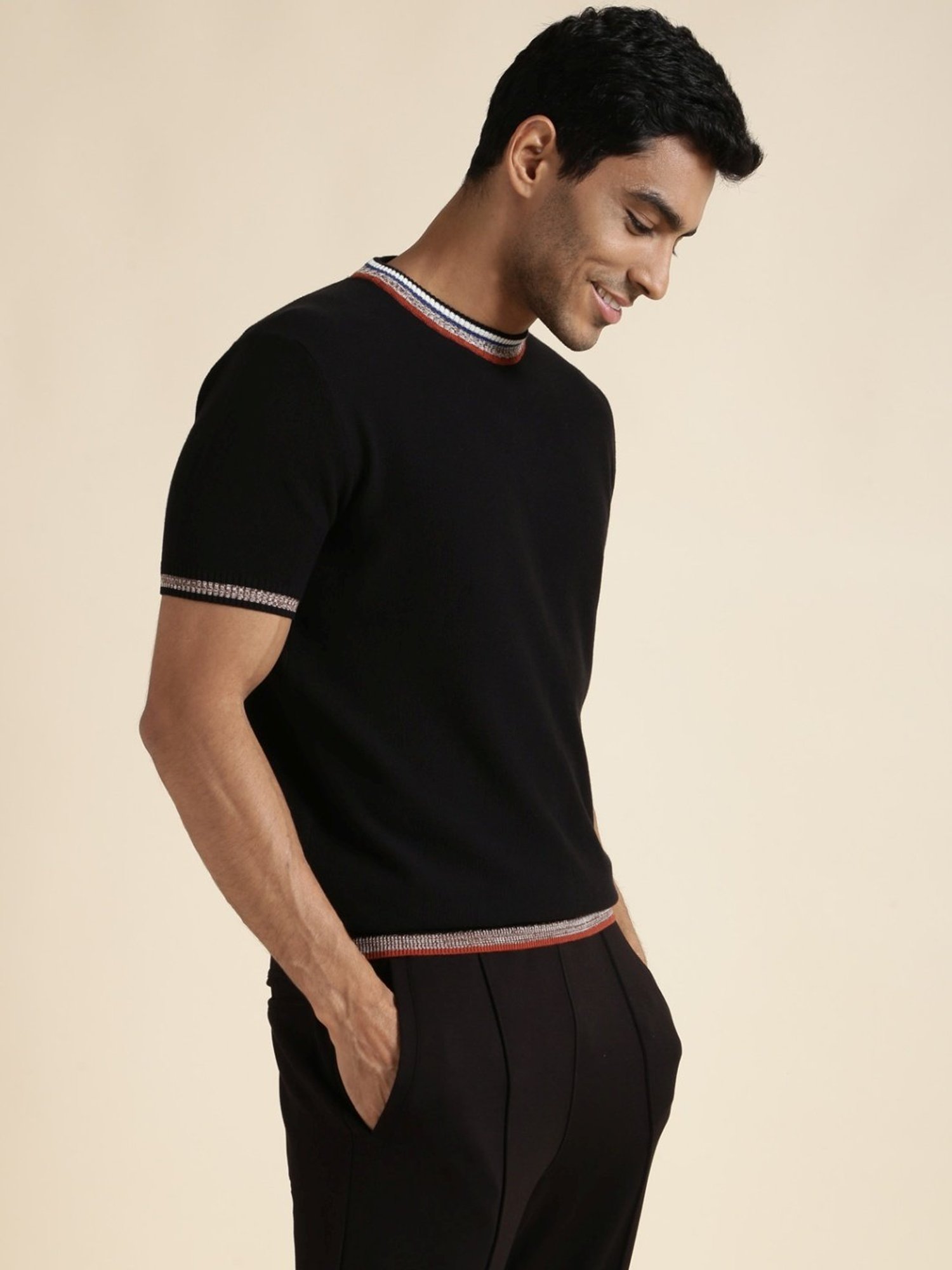 Andamen Black Regular Fit Self Pattern T-Shirt