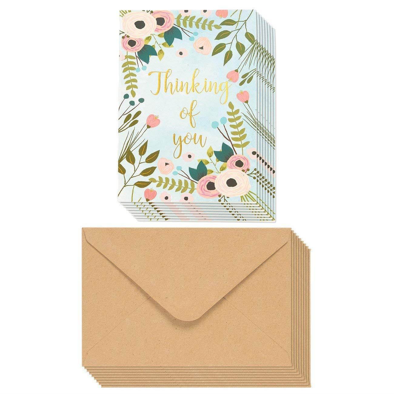 48-Pack Thinking of You Note Cards - Bulk Box Set - Blank on the Inside - Colorful Flower Designs with Gold Foil Print - Includes 48 Greeting Cards and 48 Envelopes - 4 x 6 Inches