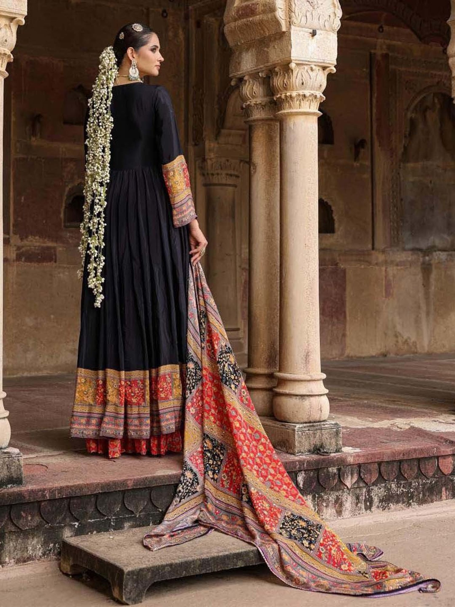 SCAKHI Black Embellished Maxi Dress With Dupatta