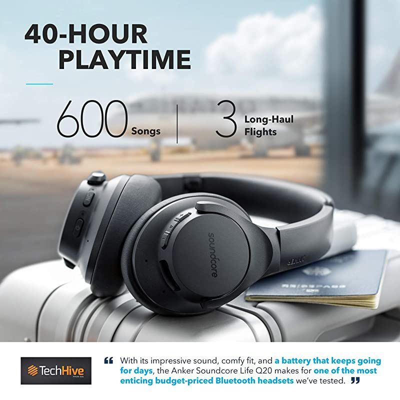 Anker  Life Q20 Hybrid Active Noise Cancelling Headphones Wireless Over Ear Bluetooth Headphones 40H Playtime HiRes Audio Deep Bass Memory Foam Ear Cups for Travel Home Office
