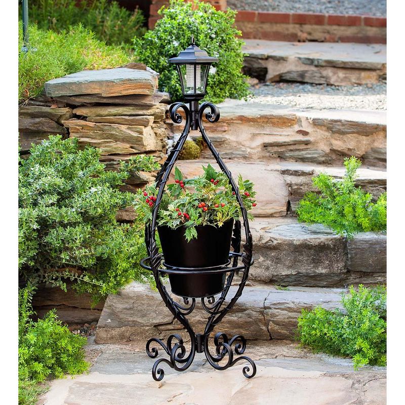 Wind & Weather Black Wrought Iron Plant Stand with Solar Light