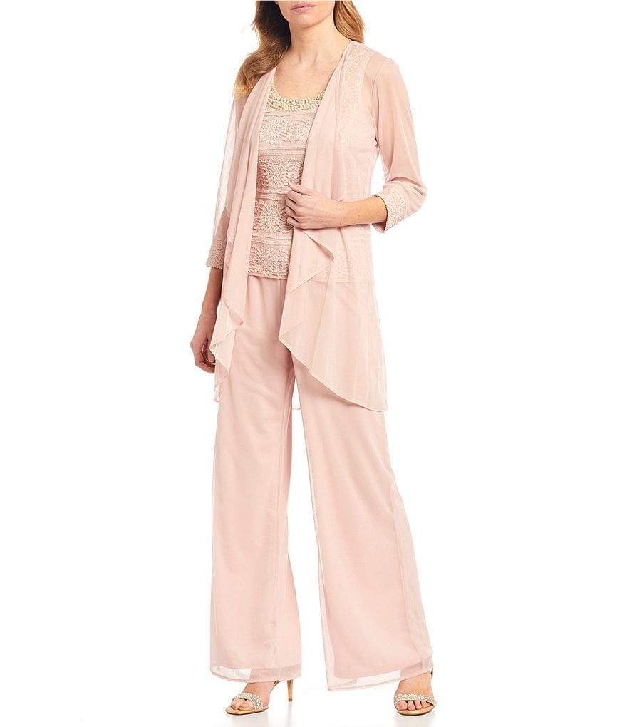 R & M Richards Petite Size Glitter Chiffon Lace Duster 3-Piece Pant Set