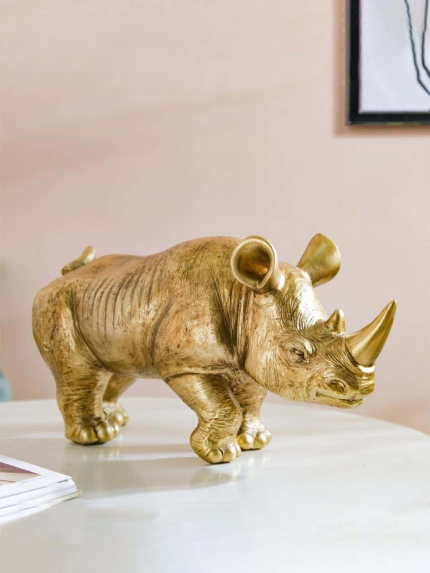 Nestasia Golden Durable Resin Made Artistic Rhino Showpiece With Anti-Skid Base Perfect For Gifting