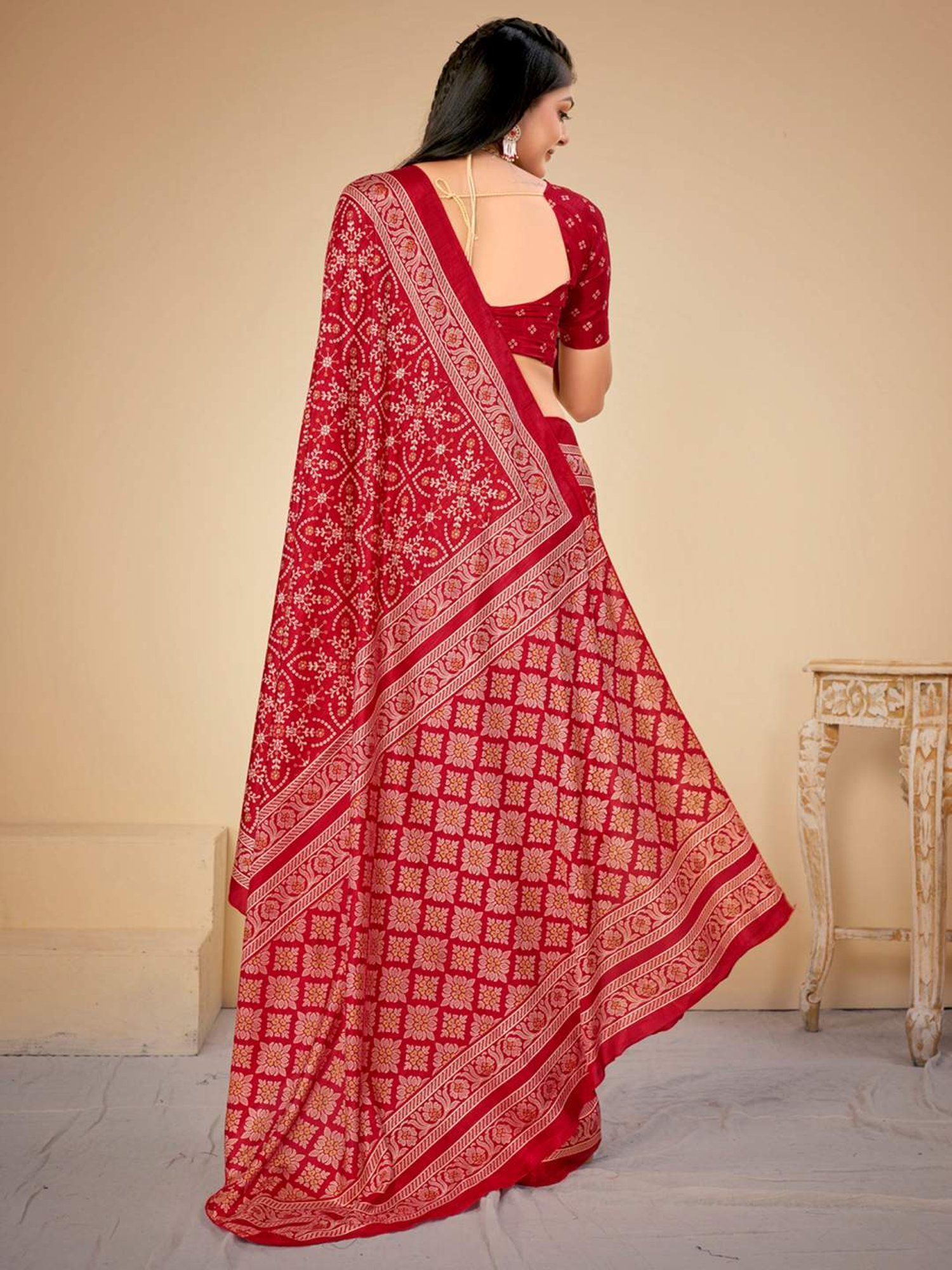Saree Mall Red Silk Printed Saree With Unstitched Blouse