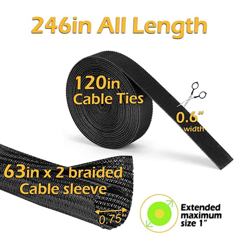 Cable Management Sleeve  2 x 52ft 34 inch Expandable Braided Cable Sleeve + 1 x 10ft Cable Ties for TV PC Home Theater Cord Organizer 3 Pieces