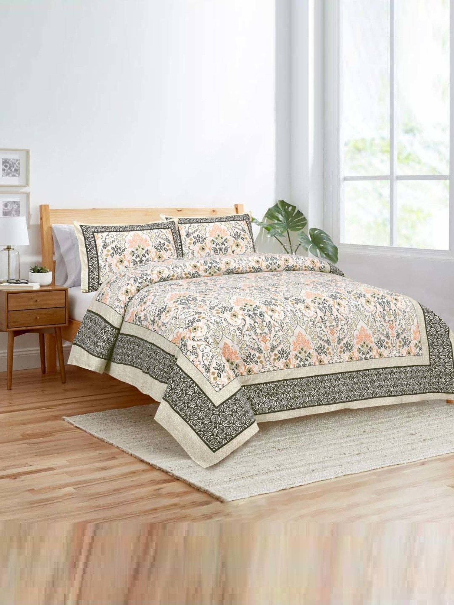 JaipurFabric Green 180 TC 100% Cotton Floral Double Bedsheet with 2 Pillow Covers