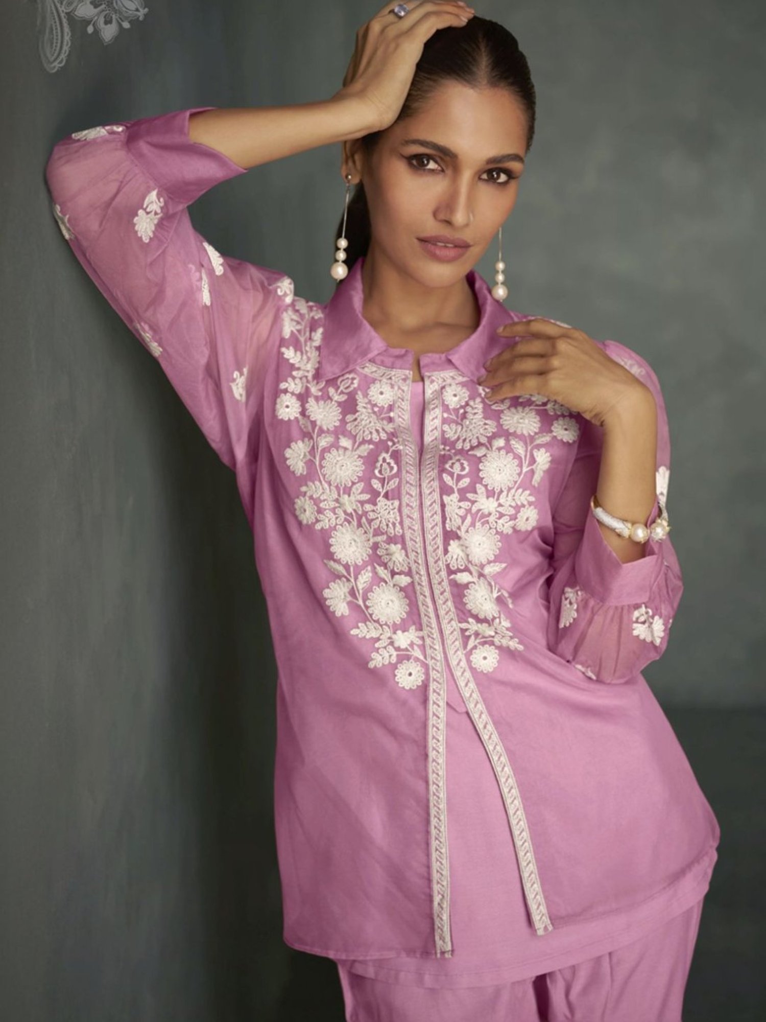 Autumnlane Pink Saba Flamingo Embroidered 3 Pc Jacket with Inner and Pant Co-ord Set
