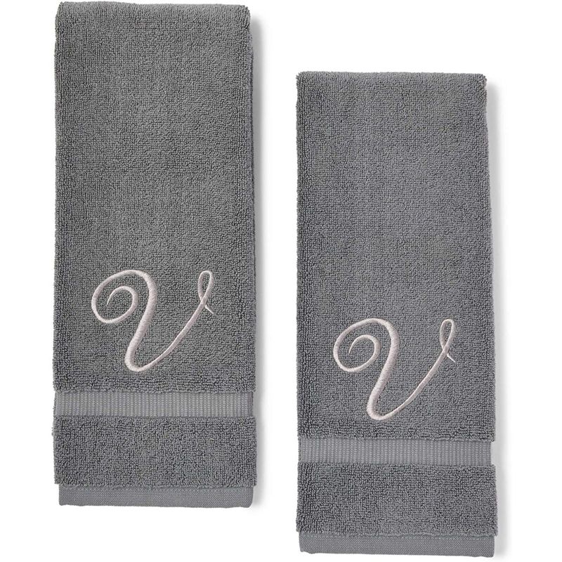 Juvale 2 Pack Monogrammed Hand Towels, Letter V Embroidered Gift (16 x 30 in, Grey)