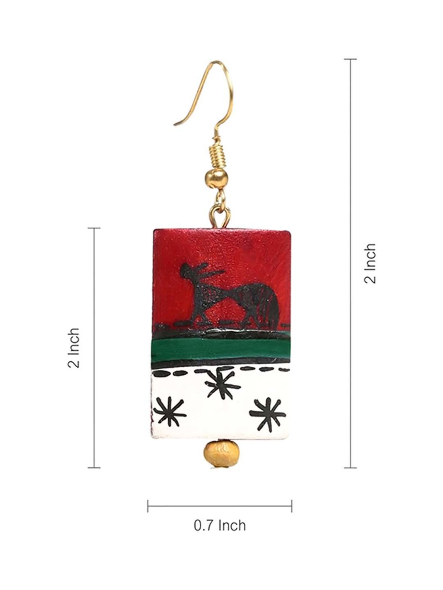 ExclusiveLane 'Tribal Warli Rectangles' Red & White Resin Handpainted Earrings in Warli Art