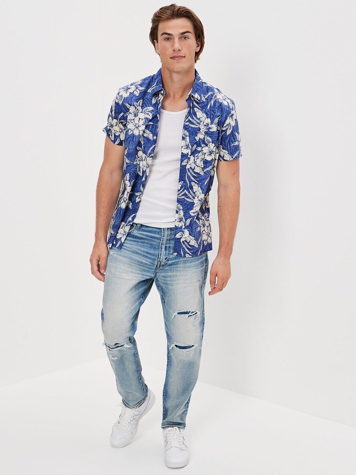 American Eagle Blue Cotton Regular Fit Printed Shirt