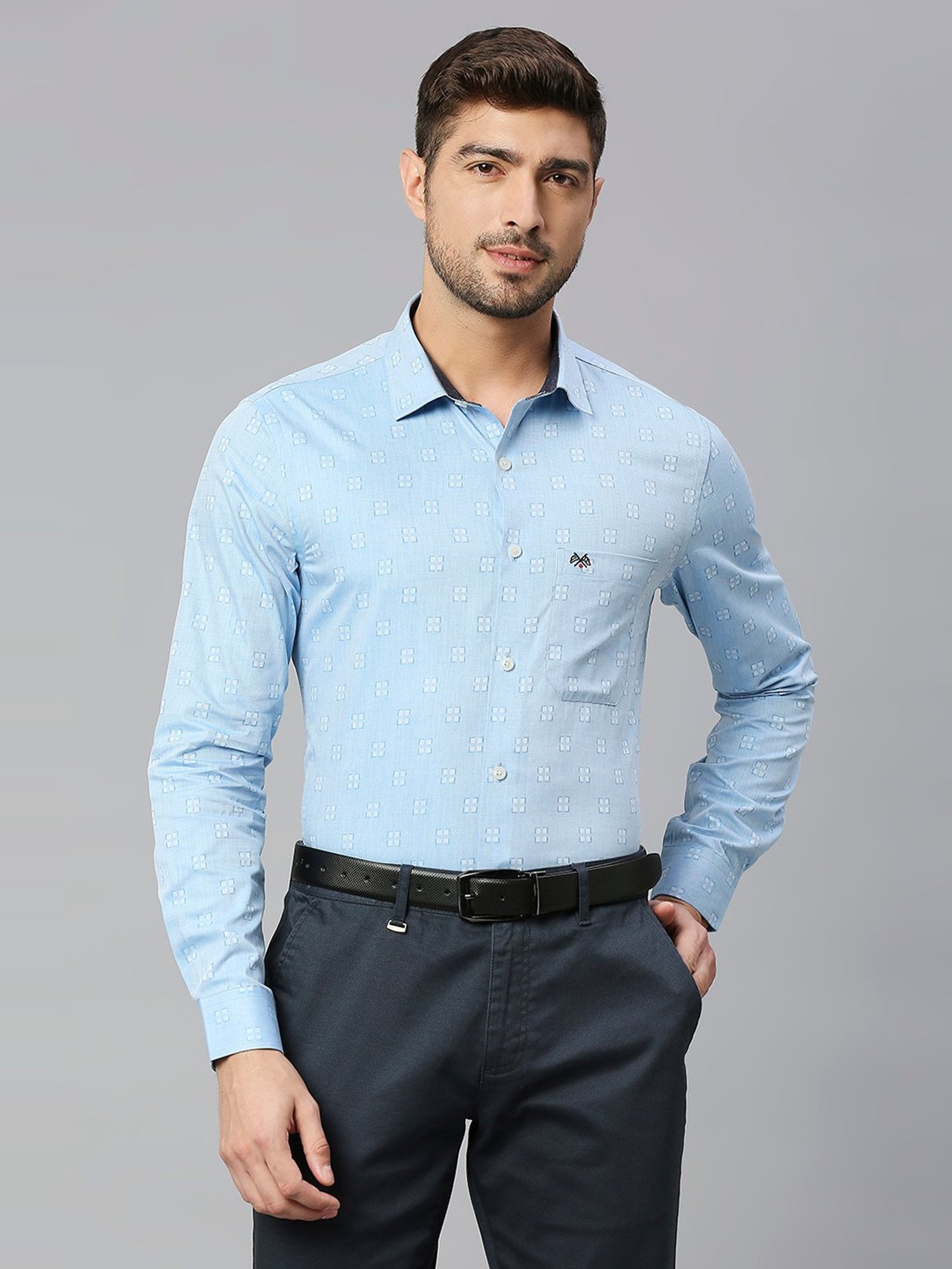 Thomas Scott Cadet Blue Slim Fit Self Design Cotton Shirt