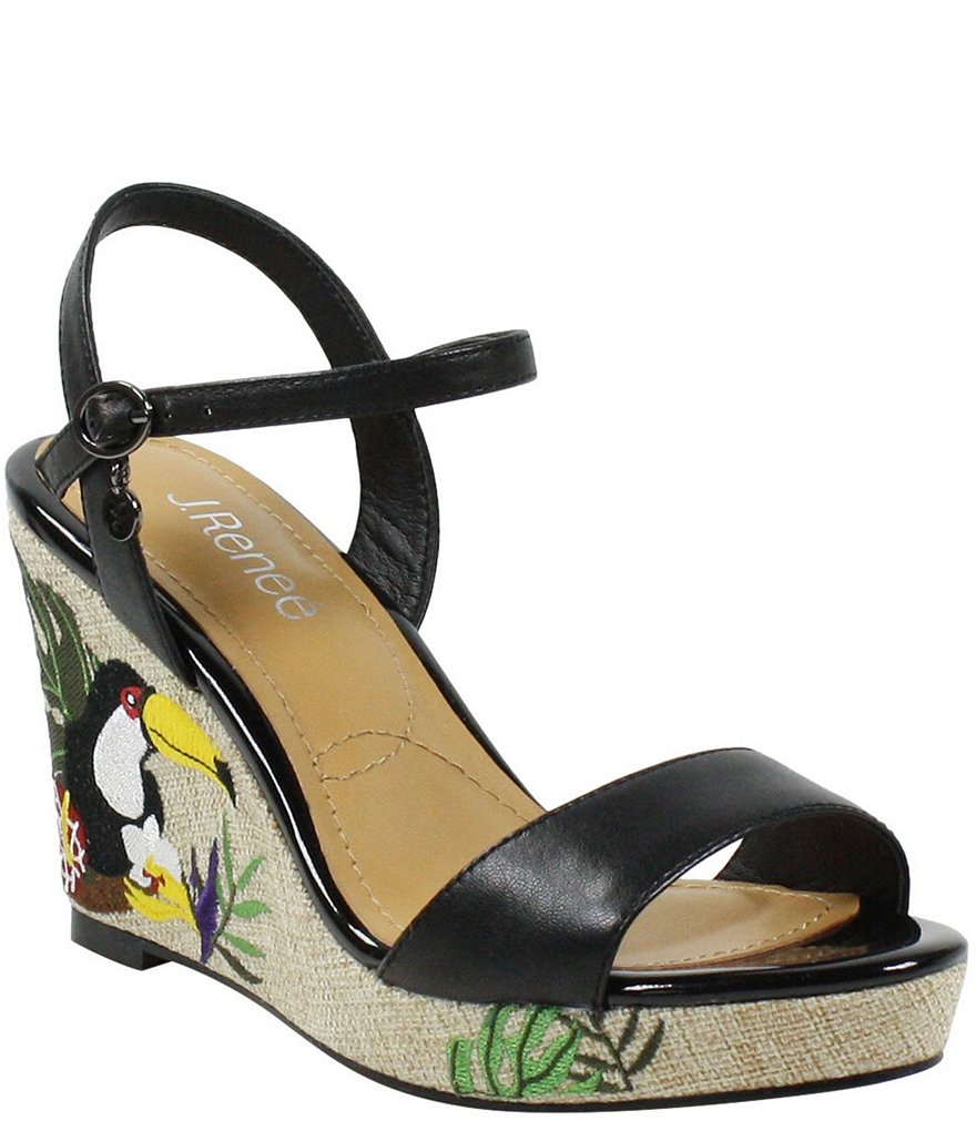 J. Renee Triella Leather Toucan Embroidered Platform Wedge Sandals