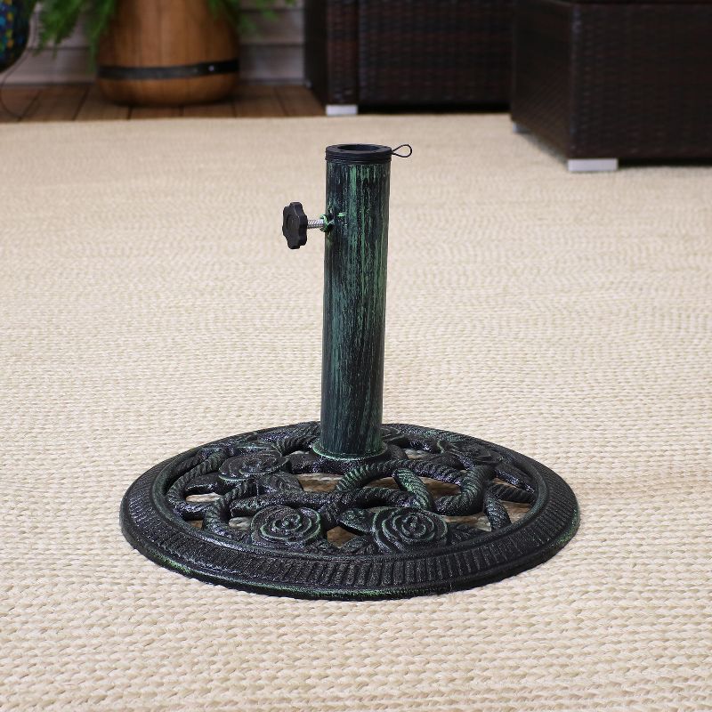 Sunnydaze Outdoor Heavy-Duty Cast Iron Decorative Rose Blossom Design Patio Yard Round Umbrella Base Stand - 16" - Green