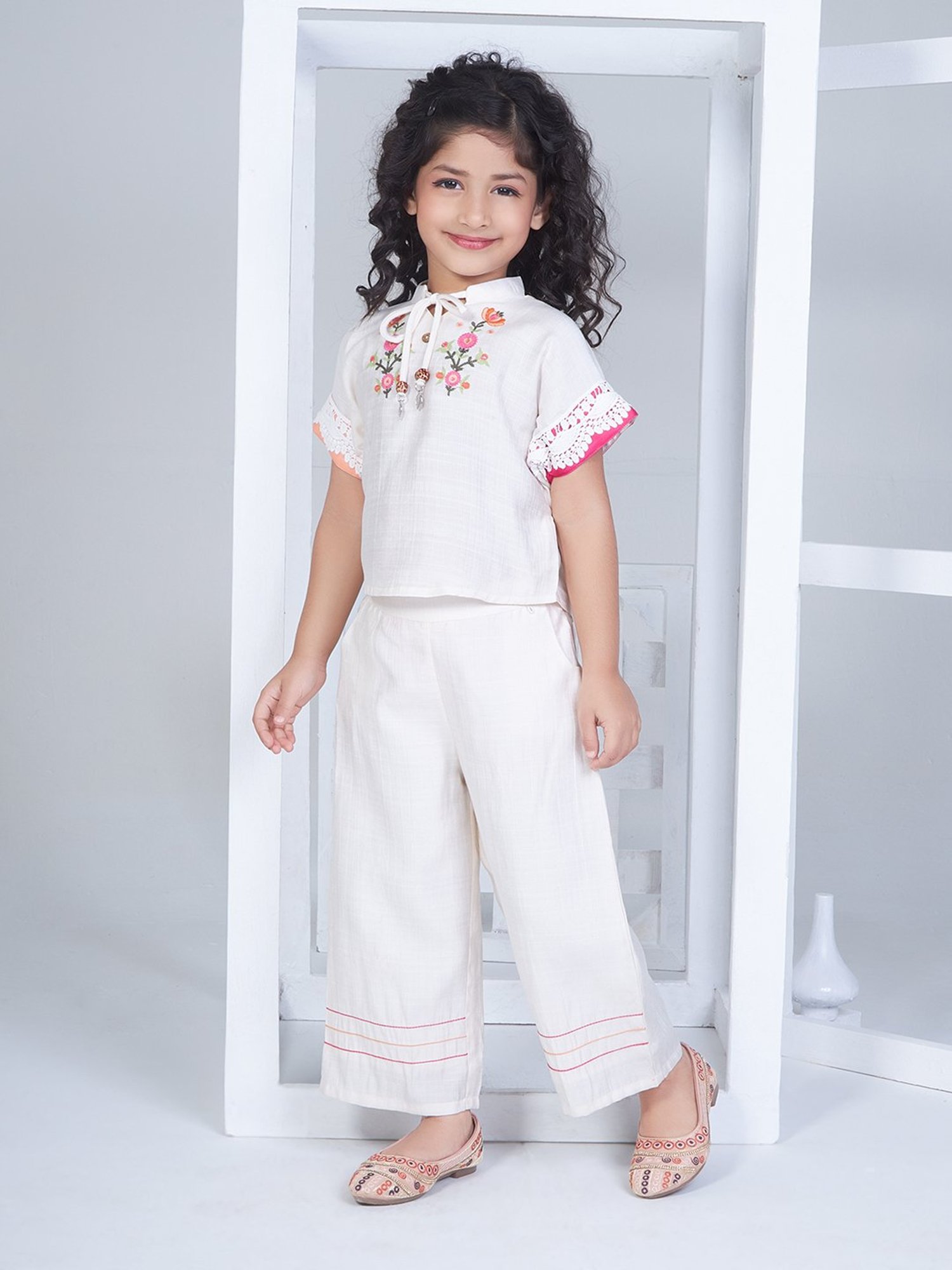 Peppermint Kids Beige Embroidered Top with Pants