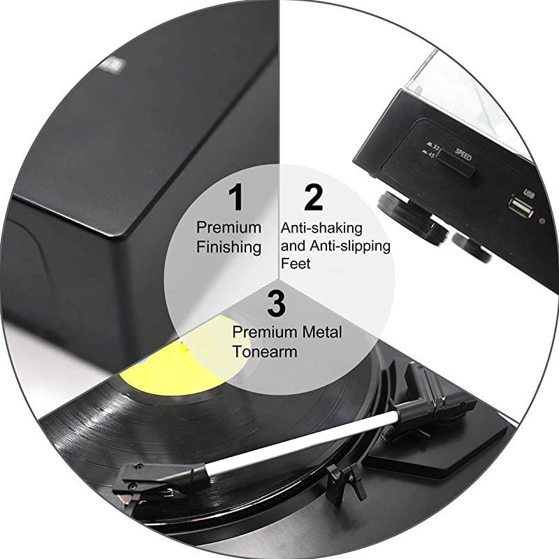 Players, Vintage Turntable with 3-Speed Belt Driven,Bluetooth 5.0 with Built in Speakers, Unique Style Vinyl Player, Supports USB/AUX in/RCA Output (Black Wood)