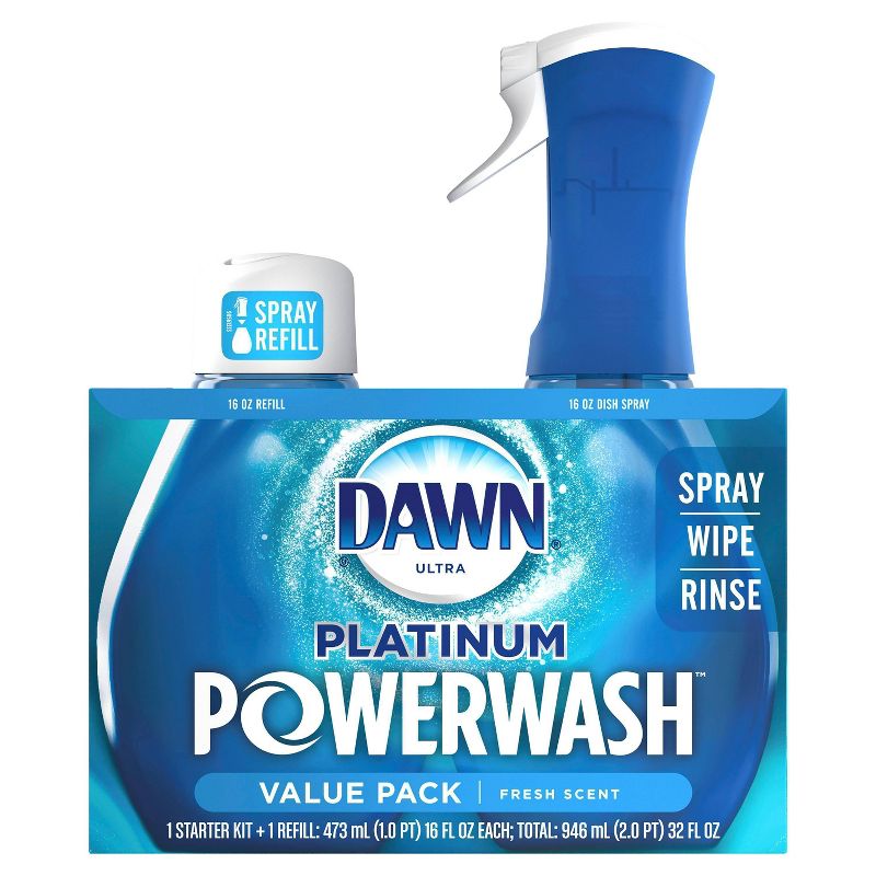 Dawn Platinum Powerwash Dish Spray, Dish Soap, Fresh Scent Bundle, 1 Starter-Kit (16 fl oz) plus 1 refill (16 fl oz ea)