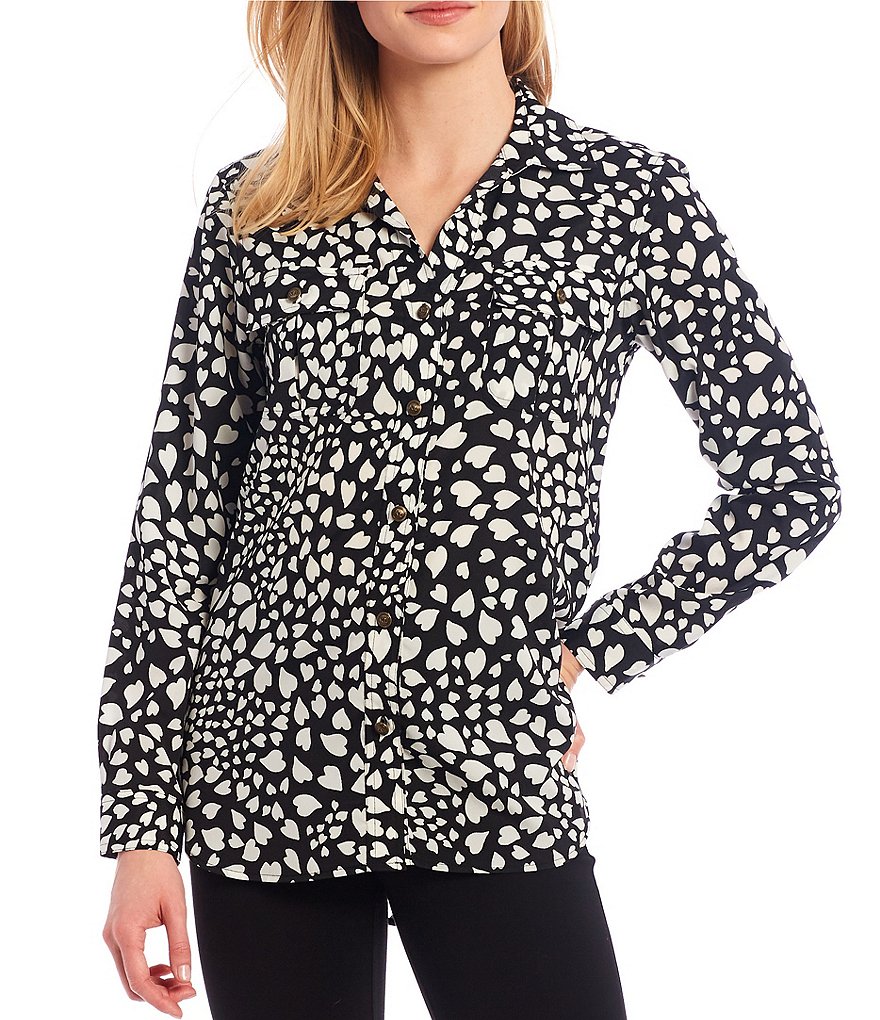 KARL LAGERFELD PARIS Point Collar Neck Long Cuff Sleeve Button Front Satin Crepe Heart Print Pocket Utility Blouse