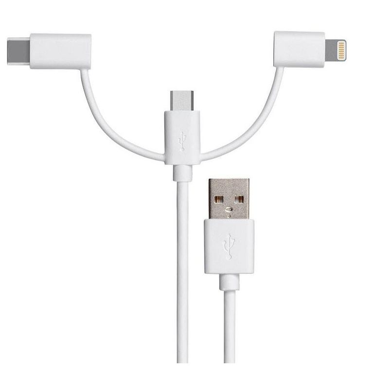 Monoprice MFi Certified USB to Micro USB + USB Type-C + Lightning 3 in 1 Charge & Sync Cable, 3ft White