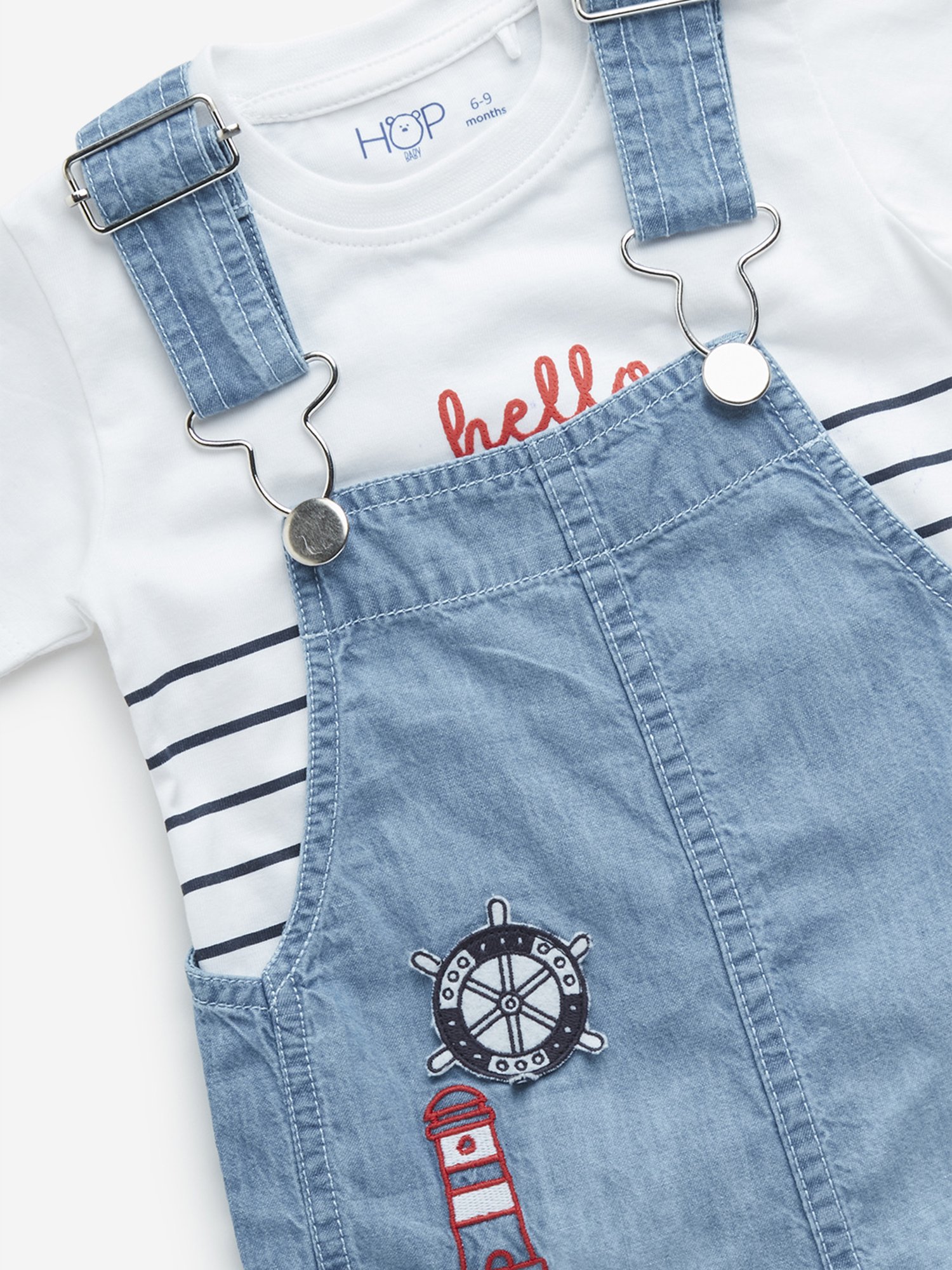 HOP Baby by Westside Blue Denim Dungaree & White Striped Cotton T-Shirt