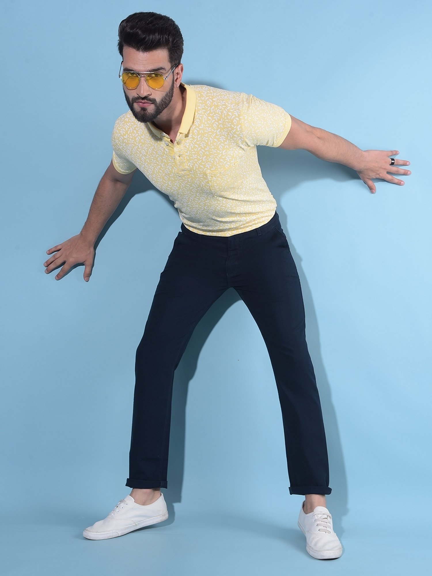 Crimsoune Club Yellow Cotton Slim Fit Floral Print Polo T-Shirt