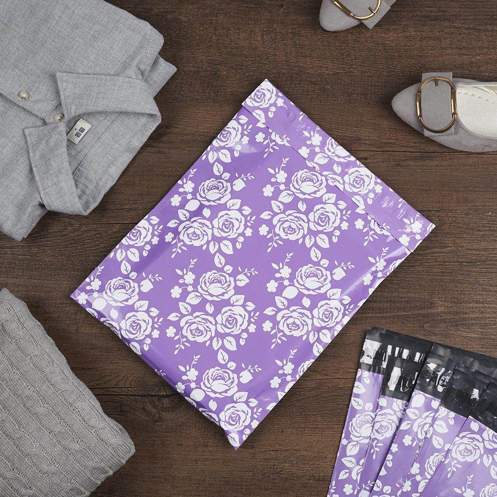 Metronic 100 10x13 Poly Mailers Envelopes Shipping Bags of Purple+White Rose Design with Self Adhesive, Waterproof and Tear-proof Postal Printed Bags